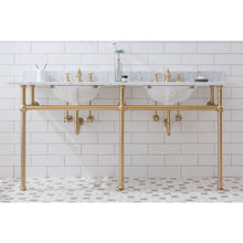 Load image into Gallery viewer, Water Creation Embassy 72 Inch Wide Double Wash Stand, P-Trap, Counter Top with Basin, and F2-0013 Faucet included in Satin Gold Finish- Water Creation