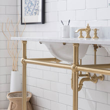 Load image into Gallery viewer, Water Creation Embassy 72 Inch Wide Double Wash Stand, P-Trap, Counter Top with Basin, and F2-0013 Faucet included in Satin Gold Finish- Water Creation
