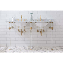 Load image into Gallery viewer, Water Creation Empire 60 Inch Wide Double Wash Stand, P-Trap, Counter Top with Basin, F2-0012 Faucet and Mirror included in Satin Gold Finish- Water Creation
