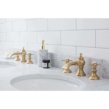 Load image into Gallery viewer, Water Creation Empire 60 Inch Wide Double Wash Stand, P-Trap, Counter Top with Basin, F2-0013 Faucet and Mirror included in Satin Gold Finish- Water Creation