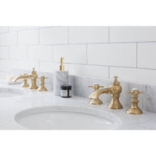 Load image into Gallery viewer, Water Creation Empire 60 Inch Wide Double Wash Stand, P-Trap, Counter Top with Basin, and F2-0013 Faucet included in Satin Gold Finish- Water Creation