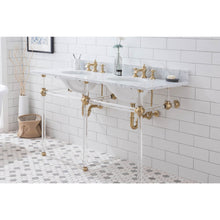 Load image into Gallery viewer, Water Creation Empire 60 Inch Wide Double Wash Stand, P-Trap, Counter Top with Basin, F2-0013 Faucet and Mirror included in Satin Gold Finish- Water Creation