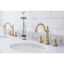 Load image into Gallery viewer, Water Creation Empire 72 Inch Wide Double Wash Stand, P-Trap, Counter Top with Basin, F2-0012 Faucet and Mirror included in Satin Gold Finish- Water Creation