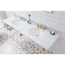 Load image into Gallery viewer, Water Creation Empire 72 Inch Wide Double Wash Stand, P-Trap, Counter Top with Basin, and F2-0013 Faucet included in Satin Gold Finish- Water Creation