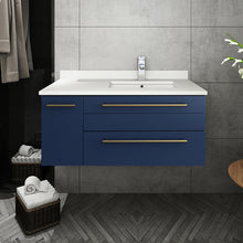 Load image into Gallery viewer, Fresca Lucera 36&quot; Royal Blue Wall Hung Modern Bathroom Cabinet w/ Top &amp; Undermount Sink - Right Version- Fresca