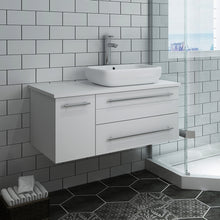 Load image into Gallery viewer, Fresca Lucera 36&quot; White Wall Hung Modern Bathroom Cabinet w/ Top &amp; Vessel Sink - Right Version- Fresca