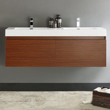 Load image into Gallery viewer, Fresca Mezzo 60&quot; Teak Wall Hung Double Sink Modern Bathroom Cabinet w/ Integrated Sink- Fresca