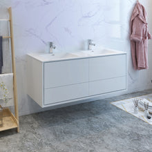 Load image into Gallery viewer, Fresca Catania 60&quot; Glossy White Wall Hung Modern Bathroom Cabinet w/ Integrated Double Sink- Fresca