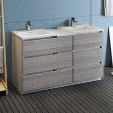 Load image into Gallery viewer, Fresca Lazzaro 60&quot; Glossy Ash Gray Free Standing Double Sink Modern Bathroom Cabinet w/ Integrated Sinks- Fresca
