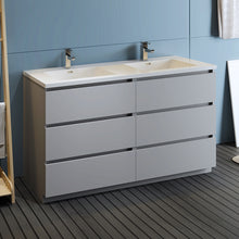 Load image into Gallery viewer, Fresca Lazzaro 60&quot; Gray Free Standing Modern Bathroom Cabinet w/ Integrated Double Sink- Fresca