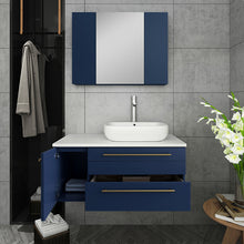 Load image into Gallery viewer, Fresca Lucera 36&quot; Royal Blue Wall Hung Vessel Sink Modern Bathroom Vanity w/ Medicine Cabinet - Right Version- Fresca