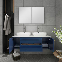 Load image into Gallery viewer, Fresca Lucera 48&quot; Royal Blue Wall Hung Double Vessel Sink Modern Bathroom Vanity w/ Medicine Cabinet- Fresca