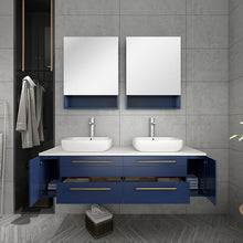 Load image into Gallery viewer, Fresca Lucera 60&quot; Royal Blue Wall Hung Double Vessel Sink Modern Bathroom Vanity w/ Medicine Cabinets- Fresca