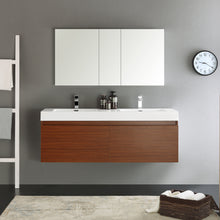 Load image into Gallery viewer, Fresca Mezzo 60&quot; Teak Wall Hung Double Sink Modern Bathroom Vanity w/ Medicine Cabinet- Fresca