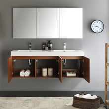 Load image into Gallery viewer, Fresca Vista 60&quot; Teak Wall Hung Double Sink Modern Bathroom Vanity w/ Medicine Cabinet- Fresca
