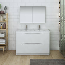 Load image into Gallery viewer, Fresca Tuscany 48&quot; Glossy White Free Standing Double Sink Modern Bathroom Vanity w/ Medicine Cabinet- Fresca