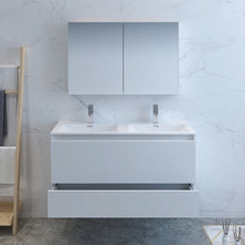 Load image into Gallery viewer, Fresca Catania 48&quot; Glossy White Wall Hung Double Sink Modern Bathroom Vanity w/ Medicine Cabinet- Fresca
