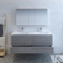 Load image into Gallery viewer, Fresca Catania 60&quot; Glossy Ash Gray Wall Hung Double Sink Modern Bathroom Vanity w/ Medicine Cabinet- Fresca