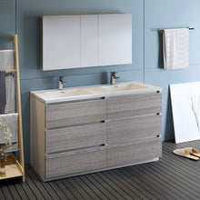 Load image into Gallery viewer, Fresca Lazzaro 60&quot; Glossy Ash Gray Free Standing Double Sink Modern Bathroom Vanity w/ Medicine Cabinet- Fresca