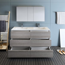 Load image into Gallery viewer, Fresca Lazzaro 60&quot; Glossy Ash Gray Free Standing Double Sink Modern Bathroom Vanity w/ Medicine Cabinet- Fresca