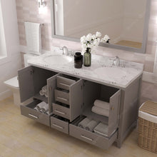 Load image into Gallery viewer, Virtu USA Caroline Avenue 60&quot; Double Bath Vanity in Cashmere Gray with White Quartz Top and Round Sinks with Polished Chrome Faucets with Matching Mirror- Virtuusa