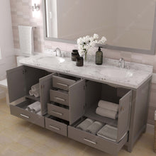 Load image into Gallery viewer, Virtu USA Caroline Avenue 72&quot; Double Bath Vanity in Cashmere Gray with White Quartz Top and Round Sinks with Brushed Nickel Faucets with Matching Mirror- Virtuusa