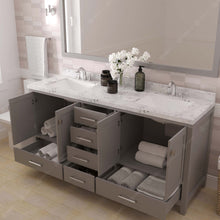 Load image into Gallery viewer, Virtu USA Caroline Avenue 72&quot; Double Bath Vanity in Cashmere Gray with White Quartz Top and Square Sinks with Polished Chrome Faucets with Matching Mirror- Virtuusa