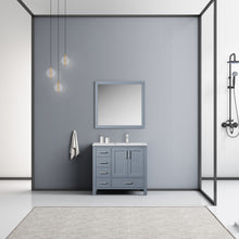 Load image into Gallery viewer, Lexora Lexora Jacques 30&quot; Dark Grey Single Vanity, White Quartz Top, White Square Sink and 28&quot; Mirror- Lexora