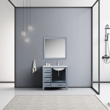 Load image into Gallery viewer, Lexora Lexora Jacques 30&quot; Dark Grey Single Vanity, White Quartz Top, White Square Sink and 28&quot; Mirror- Lexora