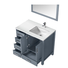 Load image into Gallery viewer, Lexora Lexora Jacques 30&quot; Dark Grey Single Vanity, White Quartz Top, White Square Sink and 28&quot; Mirror- Lexora