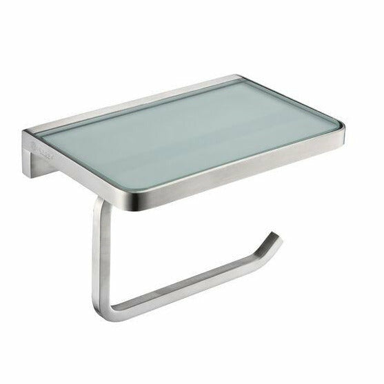 Lexora Bagno Bianca Stainless Steel White Glass Shelf w/ Toilet Paper Holder - Brushed Nickel- Lexora