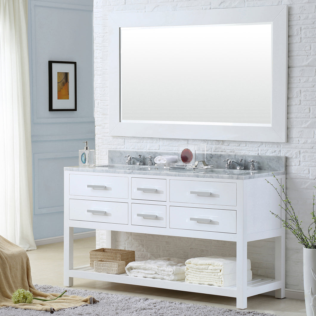 Water Creation 60 Inch Pure White Double Sink Bathroom Vanity With Matching Framed Mirror And Faucet From The Madalyn Collection- Water Creation