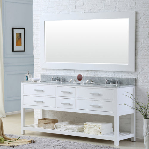 Water Creation 72 Inch Pure White Double Sink Bathroom Vanity With Matching Framed Mirror And Faucet From The Madalyn Collection- Water Creation