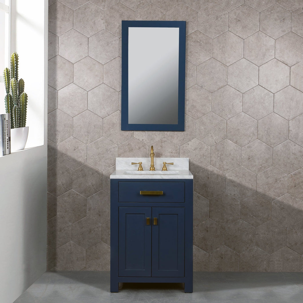 Water Creation Madison 24-Inch Single Sink Carrara White Marble Vanity In Monarch Blue- Water Creation