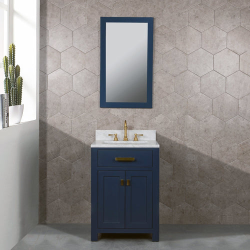 Water Creation Madison 24-Inch Single Sink Carrara White Marble Vanity In Monarch Blue With Matching Mirror- Water Creation