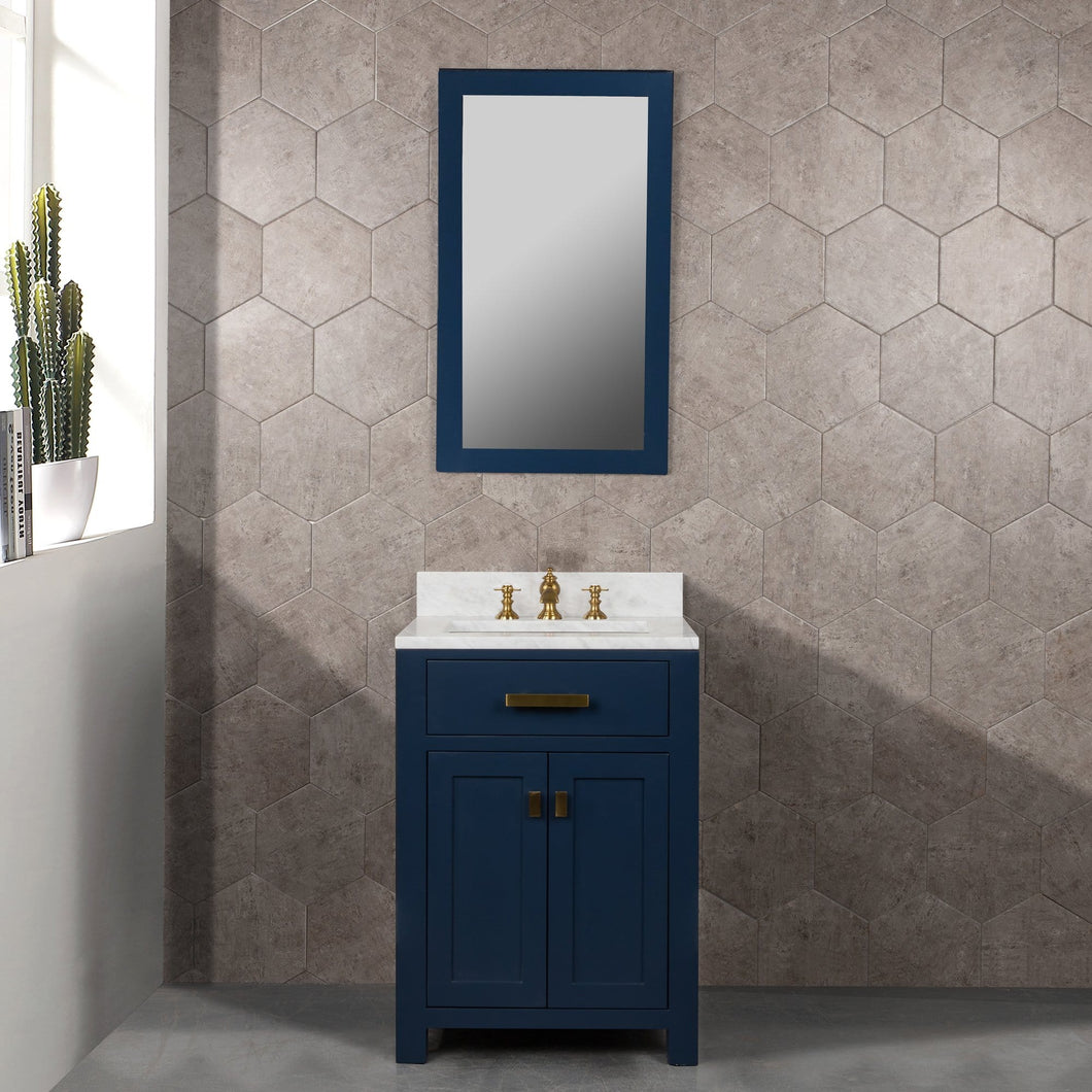 Water Creation Madison 24-Inch Single Sink Carrara White Marble Vanity In Monarch Blue With Matching Mirror and F2-0013-06-FX Lavatory Faucet- Water Creation