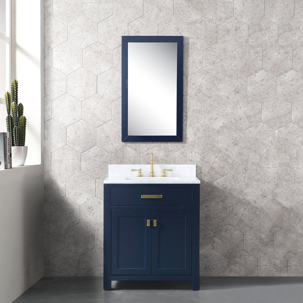 Water Creation Madison 30-Inch Single Sink Carrara White Marble Vanity In Monarch Blue With Matching Mirror- Water Creation
