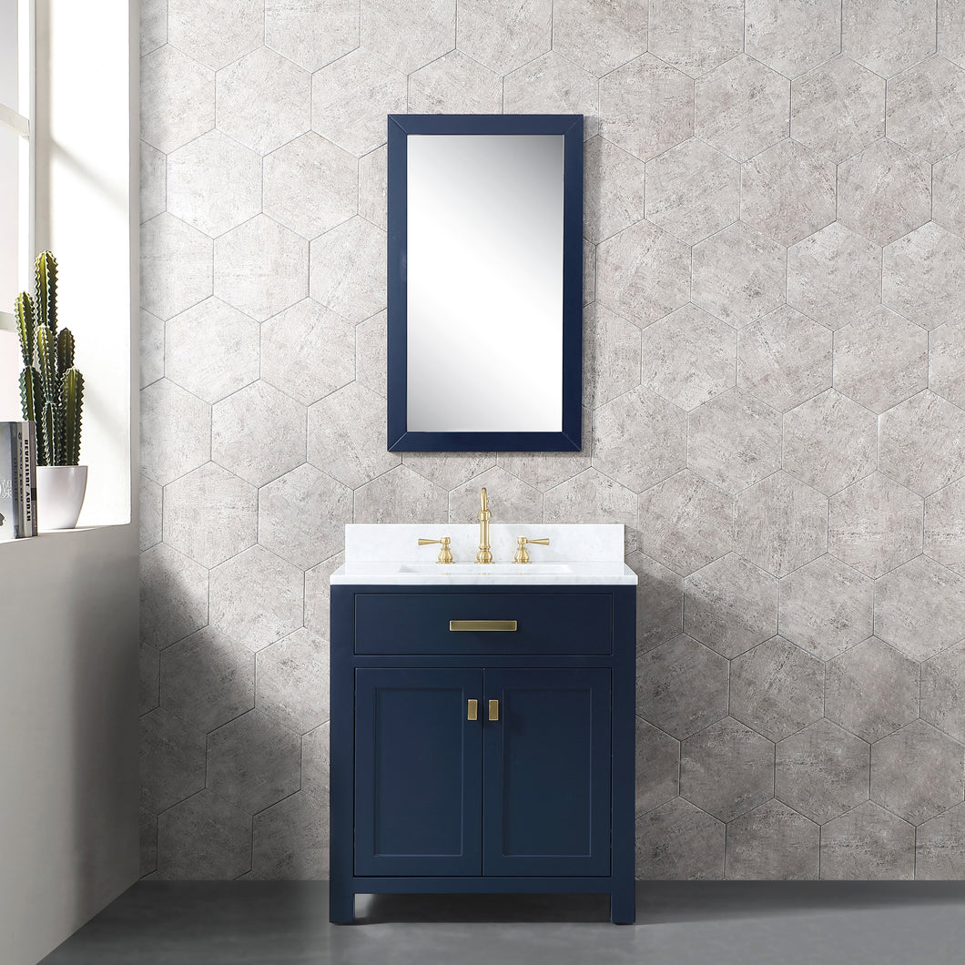 Water Creation Madison 30-Inch Single Sink Carrara White Marble Vanity In Monarch Blue- Water Creation