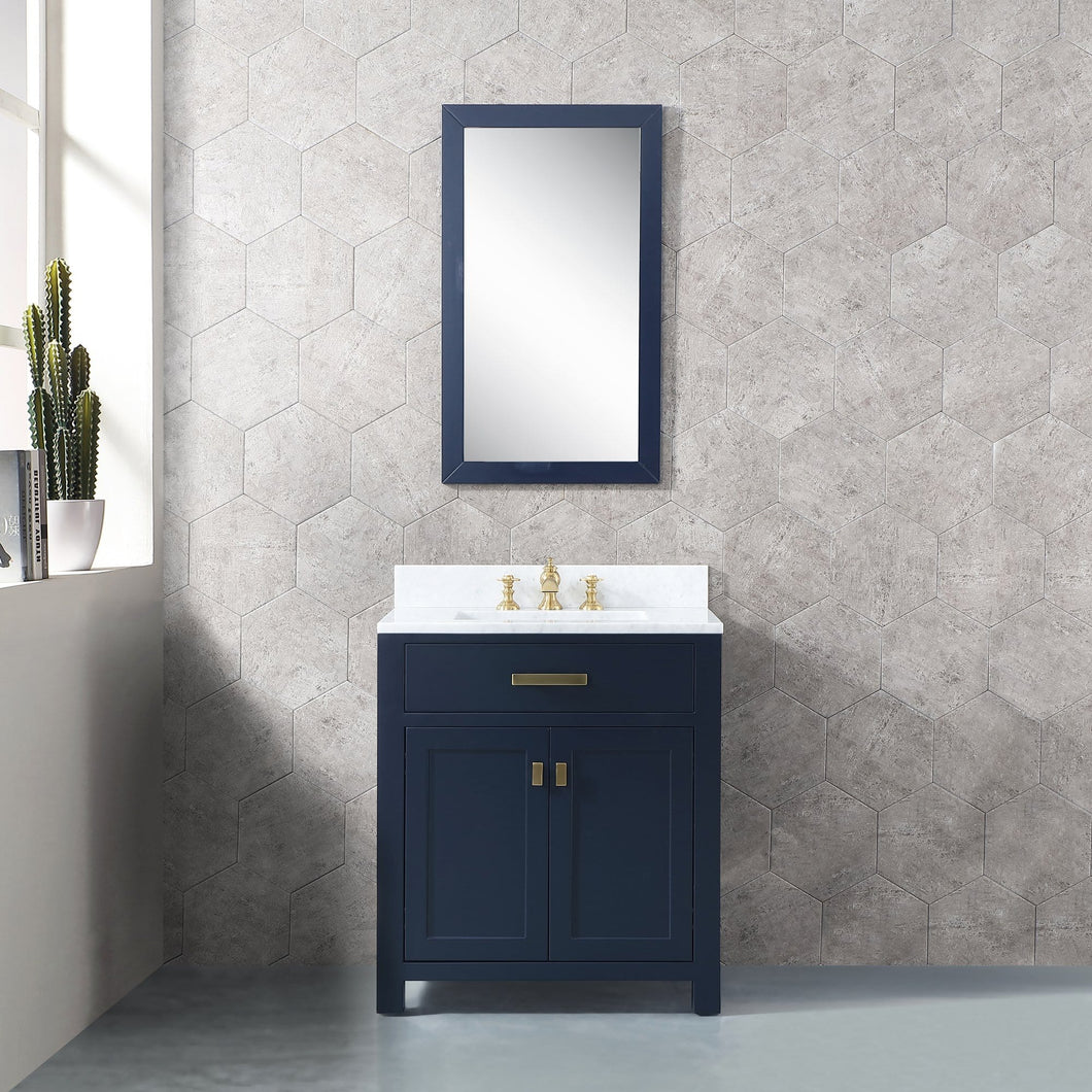 Water Creation Madison 30-Inch Single Sink Carrara White Marble Vanity In Monarch Blue With Matching Mirror and F2-0013-06-FX Lavatory Faucet- Water Creation