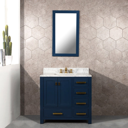 Water Creation Madison 36-Inch Single Sink Carrara White Marble Vanity In Monarch Blue With Matching Mirror and F2-0013-06-FX Lavatory Faucet- Water Creation