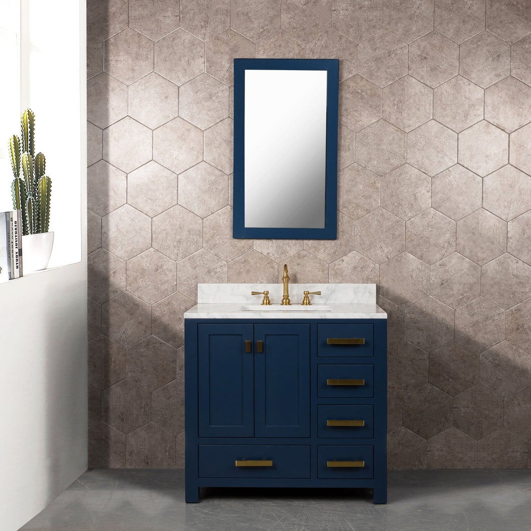 Water Creation Madison 36-Inch Single Sink Carrara White Marble Vanity In Monarch Blue With Matching Mirror- Water Creation