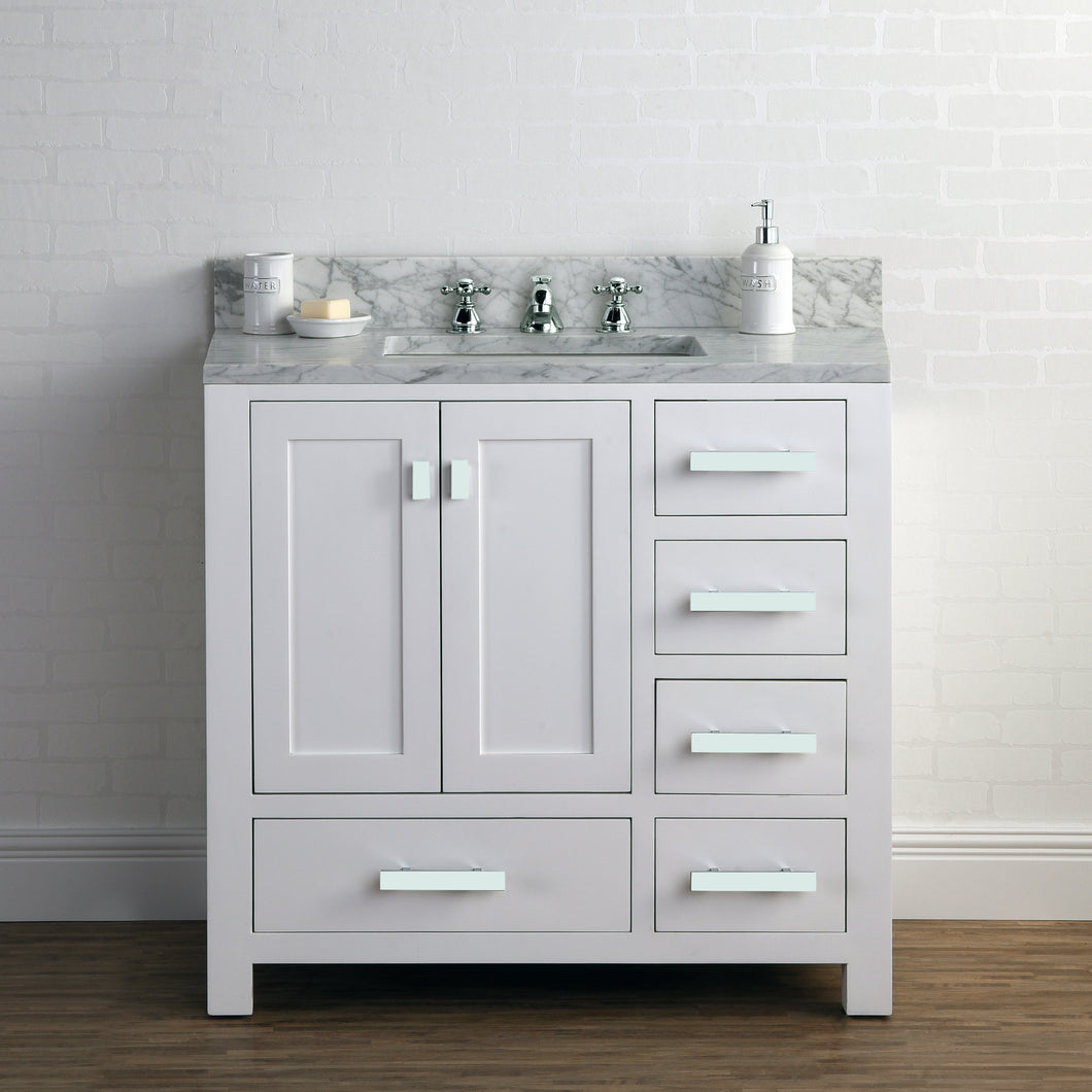 Water Creation 36 Inch Wide Pure White Single Sink Bathroom Vanity With Matching Mirror And Faucet(s) From The Madison Collection- Water Creation