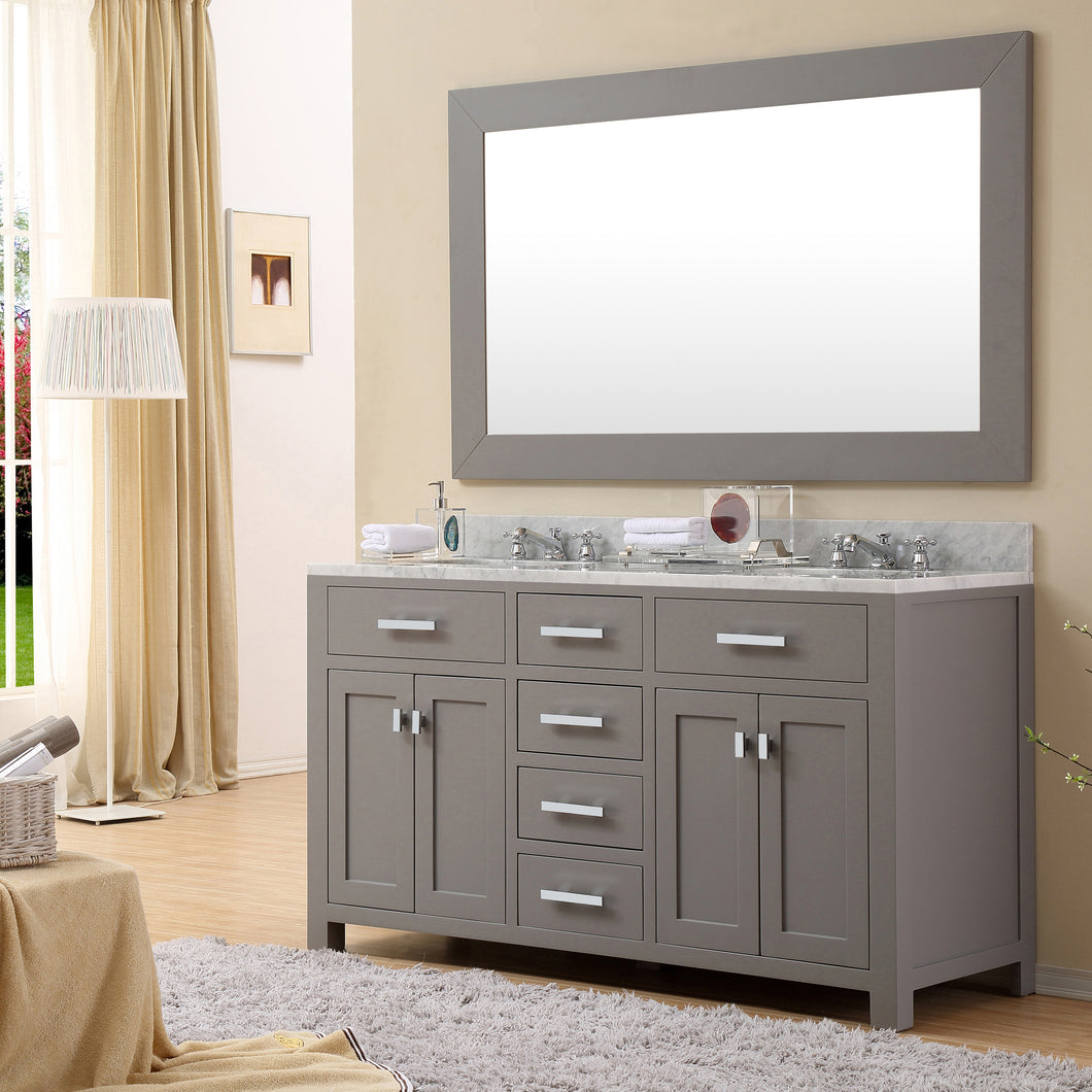 Water Creation 60 Inch Pure White Double Sink Bathroom Vanity With Matching Framed Mirror From The Madison Collection- Water Creation