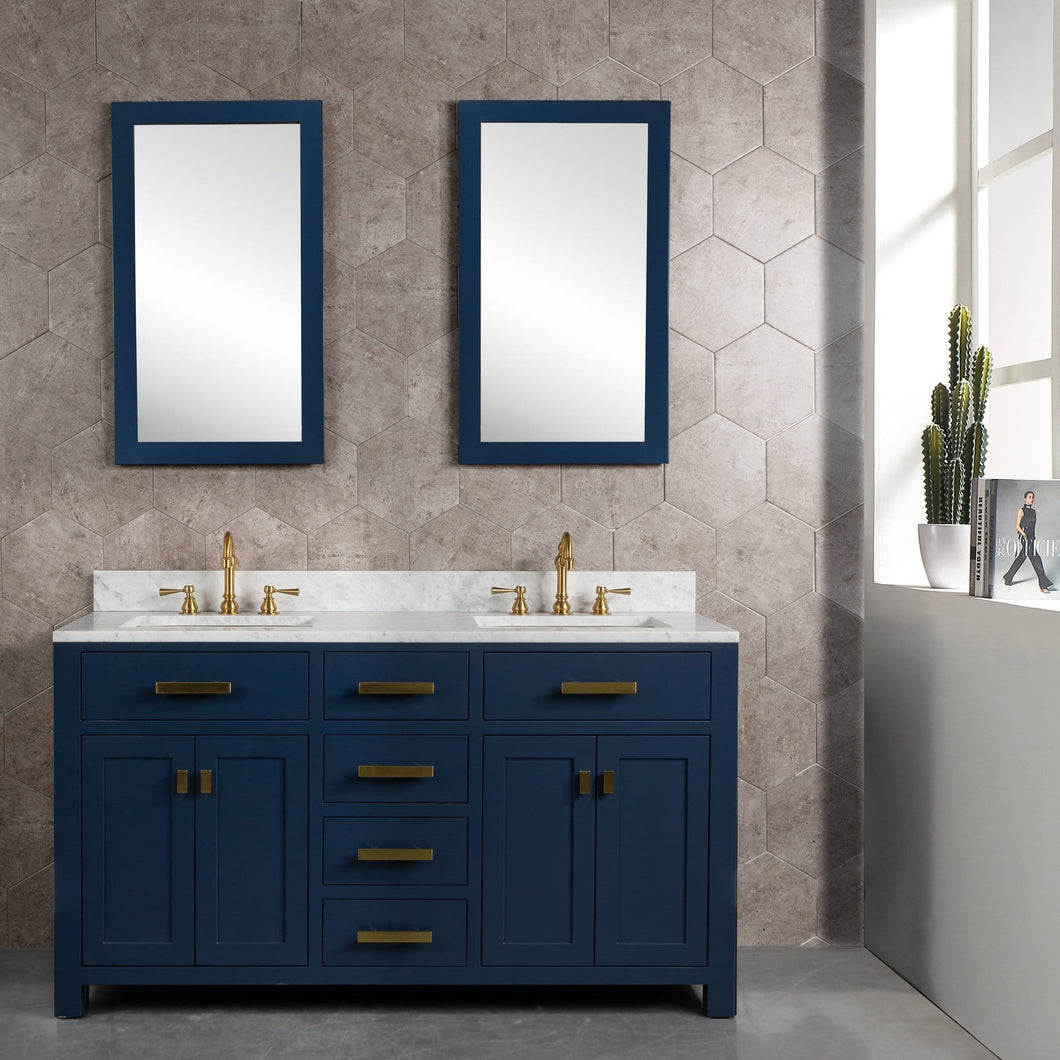Water Creation Madison 60-Inch Double Sink Carrara White Marble Vanity In Monarch BlueWith Matching Mirror(s)- Water Creation