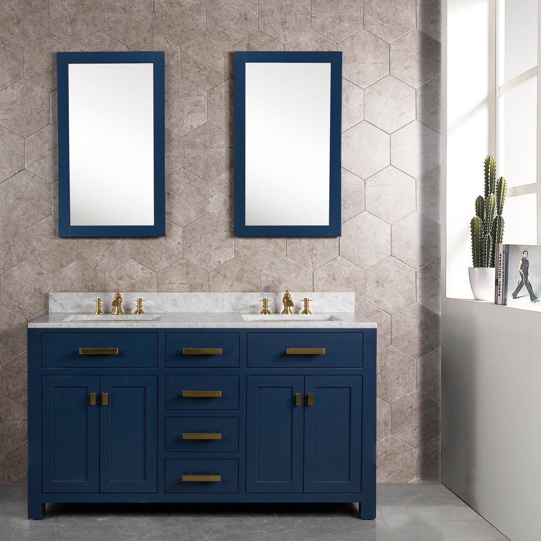 Water Creation Madison 60-Inch Double Sink Carrara White Marble Vanity In Monarch BlueWith F2-0013-06-FX Lavatory Faucet(s)- Water Creation