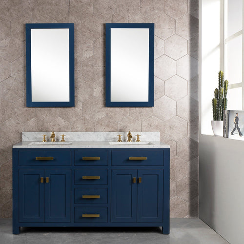 Water Creation Madison 60-Inch Double Sink Carrara White Marble Vanity In Monarch BlueWith Matching Mirror(s) and F2-0013-06-FX Lavatory Faucet(s)- Water Creation