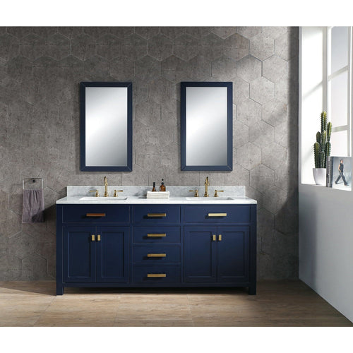 Water Creation Madison 72-Inch Double Sink Carrara White Marble Vanity In Monarch Blue With Matching Mirror(s) and F2-0012-06-TL Lavatory Faucet(s)- Water Creation
