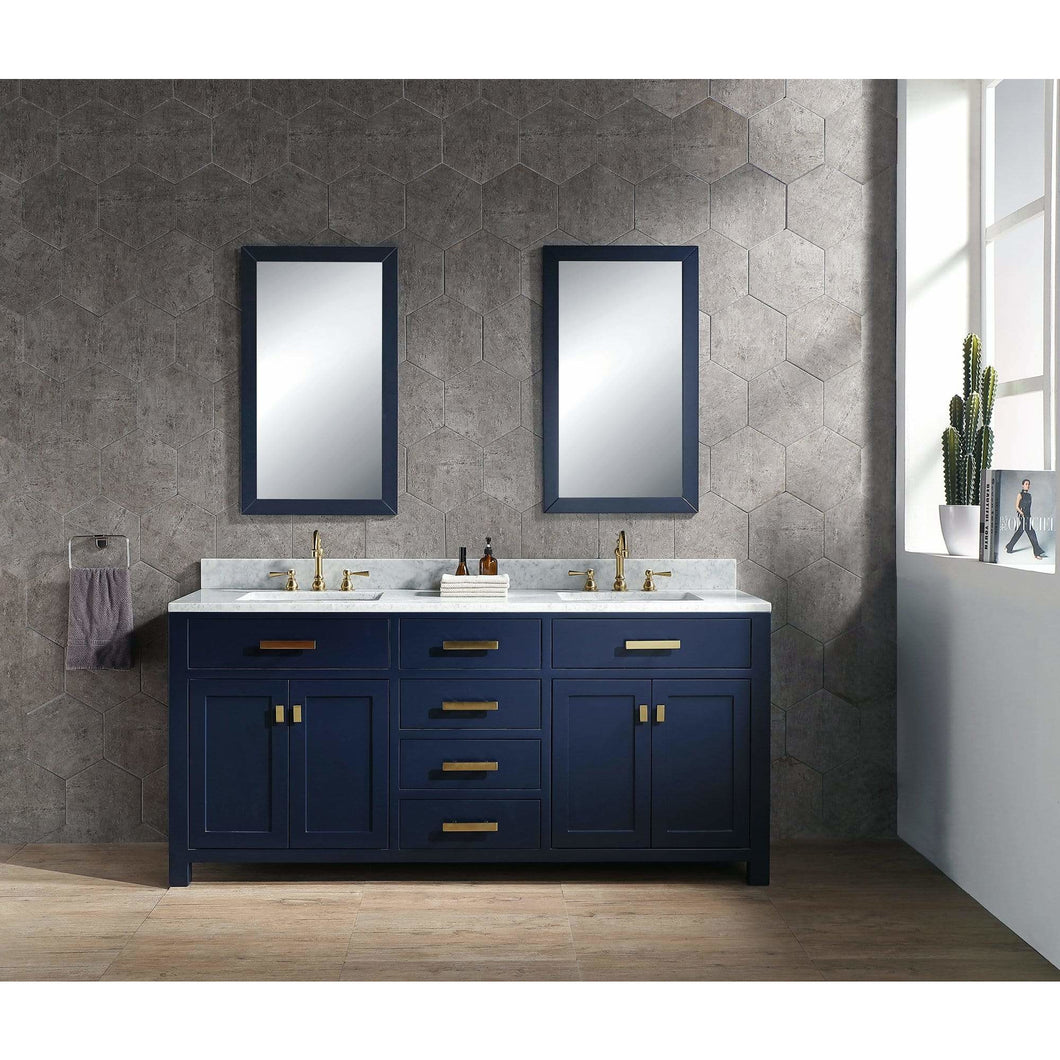 Water Creation Madison 72-Inch Double Sink Carrara White Marble Vanity In Monarch Blue With Matching Mirror(s)- Water Creation