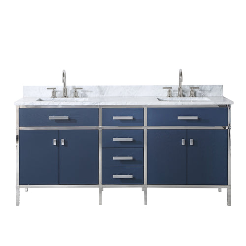 Marquis 72 In. Double Sink Carrara White Marble Countertop Vanity in Monarch Blue with Hook Faucets and Mirrors- Water Creation