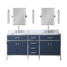Load image into Gallery viewer, Marquis 72 In. Double Sink Carrara White Marble Countertop Vanity in Monarch Blue with Hook Faucets- Water Creation